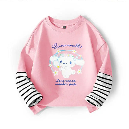 Autumn Baby Girls 100% Cotton Clothes Top Kid Sanrio Cinnamoroll Printed Long Sleeve T-shirts Children Stripe Patchwork Pullover