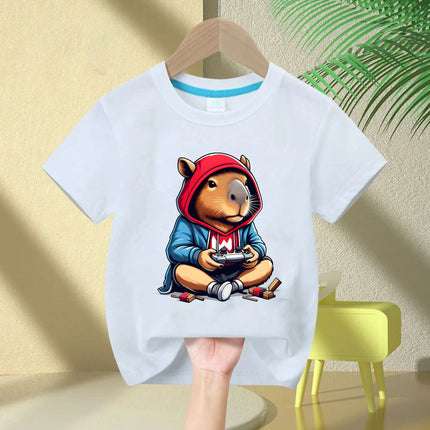 Cute Capybara Loves Bubble Tea print kids T-Shirt summer children's pure cotton short-sleeved casual tops boys and girls gifts