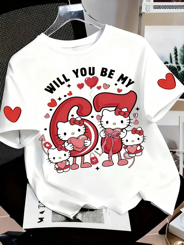 Summer Women's Girl's Casual Hello Kitty 67 Print Graphic Kid Cute T-Shirt Round Neck Tee Outdoor Sport Men's T-shirt