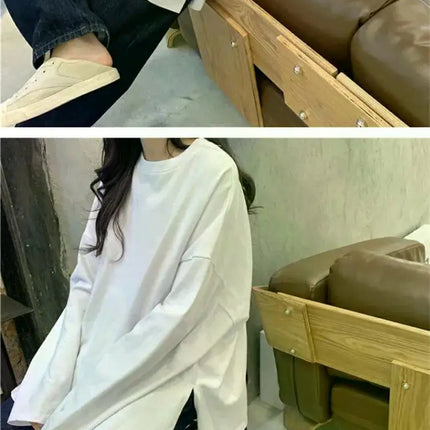 Harajuku Long T-Shirt Spring Autumn Solid Simple Oversized T-shirt for Women Goth T-shirts Split White Black Long Sleeve Tops