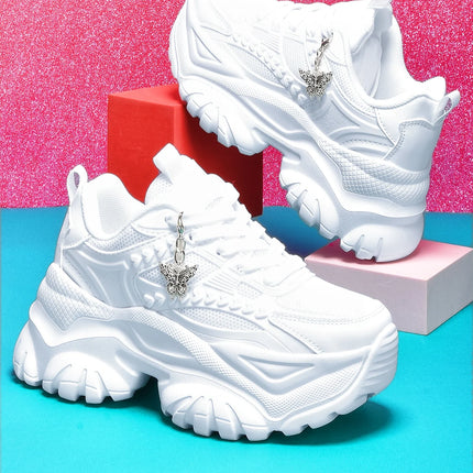 Women's Lightweight 7cm White Thick-Soled Trbottomyy Versatile Fashionable Casual Vulcanized Shoes with Silver Butterfly Decorative Pendant Chain Shoes High Water Platform Trbottomyy Versatile White Women's Comfortable Soft-S