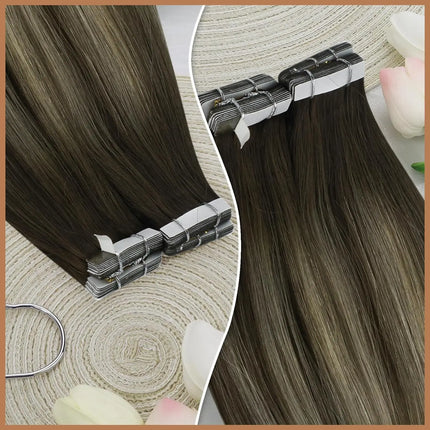 VeSunny Tape in Hair Extensions Human Hair Balayage Color Real Natural Hair Skin Weft Straight Seamless Remy Hair Extensions
