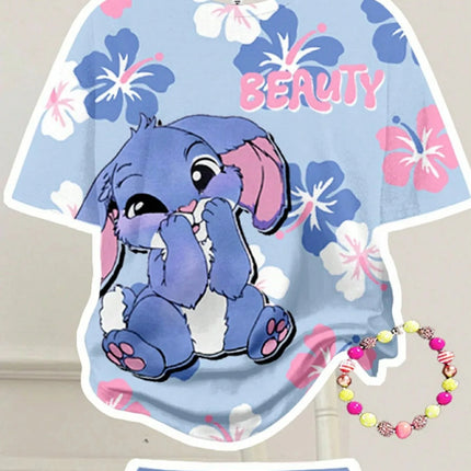 Kids Girls Stitch Cartoon Print 2Pcs Outfit Short Sleeve Floral T-Shirt + Blue Flare Pants Soft Casual Daily Wear Children Set