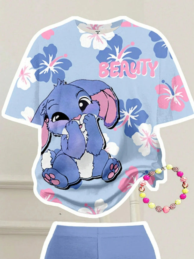 Kids Girls Stitch Cartoon Print 2Pcs Outfit Short Sleeve Floral T-Shirt + Blue Flare Pants Soft Casual Daily Wear Children Set