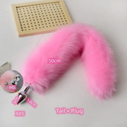 Anal Sex Toys of Long Pink Faux Fur Fox Tail with Stainless Steel Metal Butt Plug for Fetish Fantasy Flirting Adult Supplies