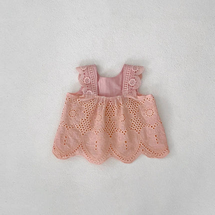 New Summer Baby Girl Round Neck Sleeveless Lace Splicing Top+Clear Color Bag Pants 2-piece Set