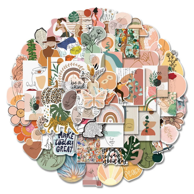 50/100pcs Retro Boho Stickers Vintage Art Bohemia Cartoon Vinyl Decals for Phone Laptop Notebook Scrapbooking Morandi Décor Toy
