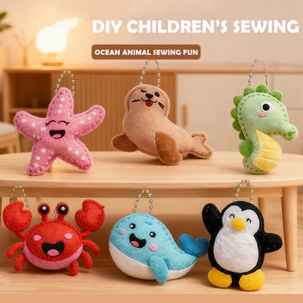 DIY Sewing Toys for Kids, Make Milk Tea Ocean Animal Plushie Craft Set Handmade Fabric with Holes and Threads Gifts