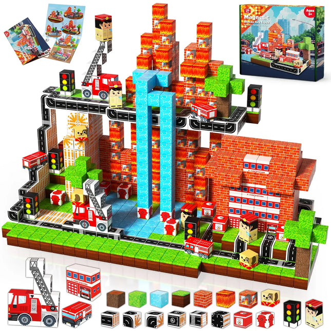 Magnetic Blocks Fire Truck Set 100 Pcs, Educational STEM Building Toy for Kids Gift