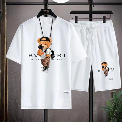 Men's Summer Casual Fashion Printed Loose Round-Neck Short-Sleeve T-Shirt Top and Shorts Set Comfortable Sportswear