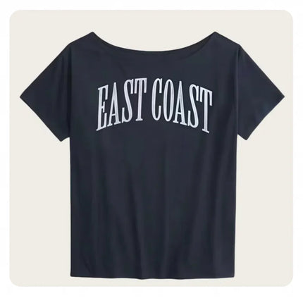 Women's American-Style Short-Sleeved T-Shirt, Summer Design, Finterest Slimming, Loose, Retro Off-Shoulder Top