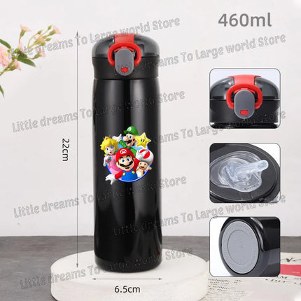 Super Marios Bros 460ml Thermal Cup Men Women Anime Black Straw Bottle Bouncing Lid Portable 304 Stainless Steel Thermo Bottles