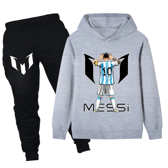 Messi Creative Pattern Long Sleeve Set Boys Casual Sports Top + Pants Two Piece Fall and Winter Comfortable Warm Sweatshirt Set