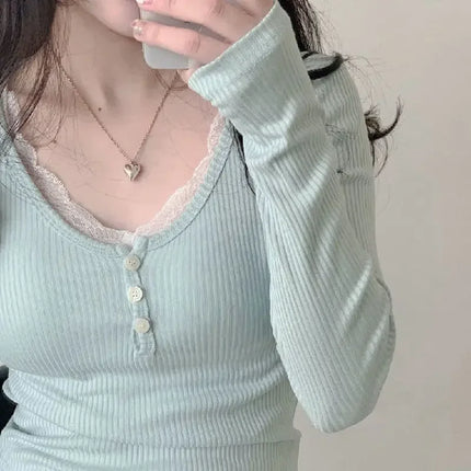 Women's T-Shirts Long Sleeve Slim Lace Button Kawaii T-shirts Female Y2k Tops Casual Tees Pullovers 2024 Spring New Woman Clothing