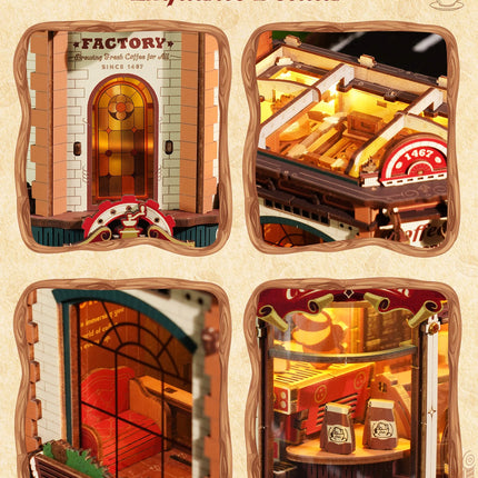 ROKR Wooden 3D Puzzle Dream Coffee Factory Music Box Model Building Kit 593-piece DIY Miniature House Kit with LED Light Unique Home Decor Gift for Adults Women