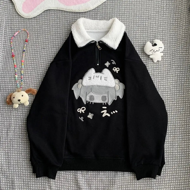 Preppy Style Korean Hoodies for Women Thicked Casual Fashion Sweatshirts Turndown Collar Embroidery Cartoon Hoodie Cute Y2k Tops