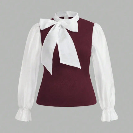 Plus Size Women's Elegant Contrast Bow Tie Long Sleeve A-Line Office Work Shirt Business Pink Black Brown Best for Spring