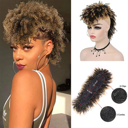 Synthetic High Puff Afro Mohawk Ponytails for Women Mohawk Short Kinky Curly Ponytail Extension Hair Bun with Bangs