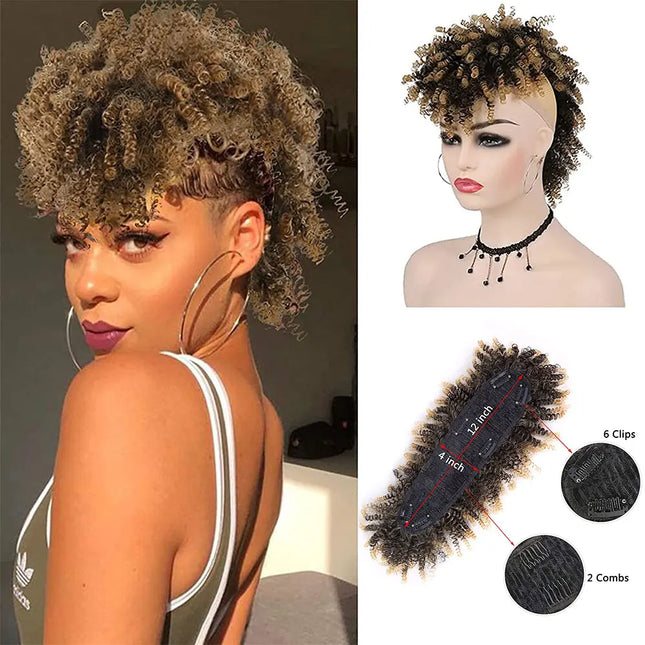 Synthetic High Puff Afro Mohawk Ponytails for Women Mohawk Short Kinky Curly Ponytail Extension Hair Bun with Bangs