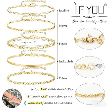 Women's golden ankle bracelet, 14k gold plated waterproof Cuban chain bracelet set, layered bracelet, adjustable size（5pcs）
