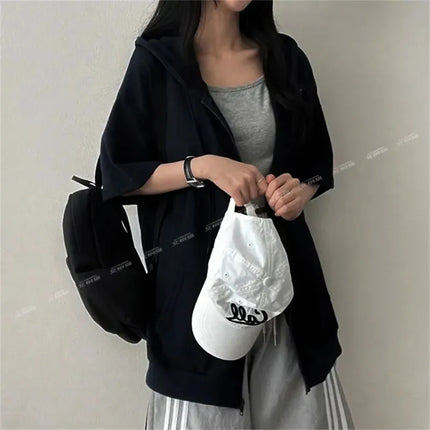 Women's Half Sleeve Zip Up Hoodie Loose Fit Casual Oversized Hooded Sweatshirt with Pockets