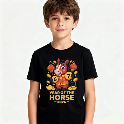 Year of The Horse 2026 Cute Kids Tshirt Zodiac Horse Shirt Lunar New Year Boy Girl T-Shirt Lucky Coins and Lanterns Printed Tee