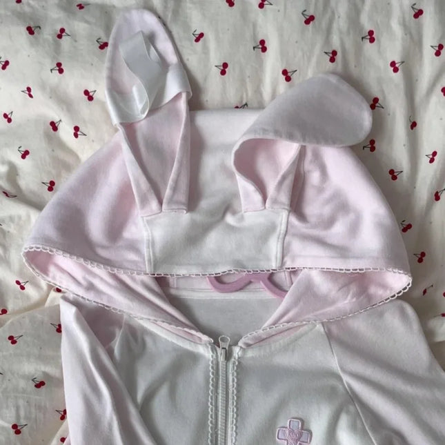 Kimutomo Hoodies Women Sweet Cartoon Rabbit Loose Funny Preppy Style Y2k Aesthetic Harajuku Jackets Bow Ladies Sweatshirts