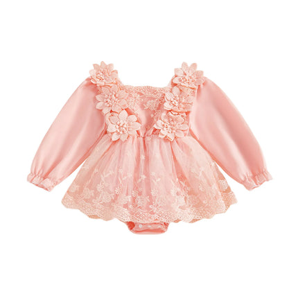 0-24M Infant Baby Girls Princess Romper Dress Cute Autumn 3D Lace Flowers Mesh Patchwork Long Sleeve A-Line Dress for Toddler