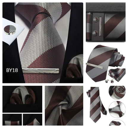 Classic 100% Silk Men's Ties In Gift box 8cm Plaid Dot Striped Business Necktie Handkerchief Cufflinks Wedding Party Tie Set