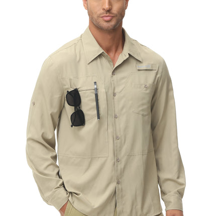Men's Long Sleeve Fishing Shirts UPF 50+ Sun Protection Breathable Lightweight Travel Work Button Down Shirt with Zipper Pocket
