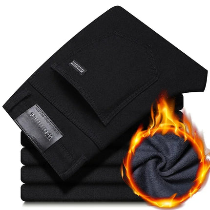 2026 Brand Brushed Jeans Winter Jeans Men Slim Fit Stretch Thick Velvet Pants Warm Jeans Casual Fleece Trousers Male