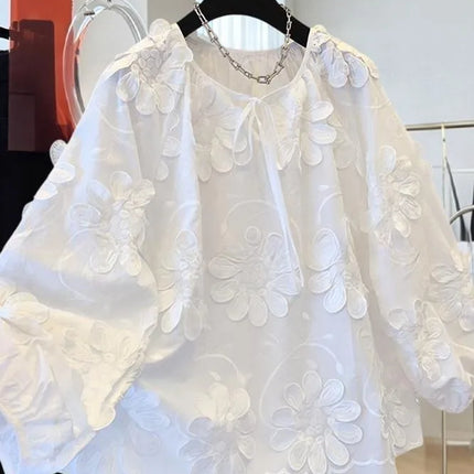 Spring New Flower Embroidered Cotton White Shirt Women Loose Sweet O-neck Long-sleeved Shirts
