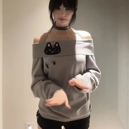 Cute Embroidery Off The Shoulder T Shirt Women Kawaii Cat Long Sleeve Basic Blouse Tight Basic Crop Top Strapless Gray Tees