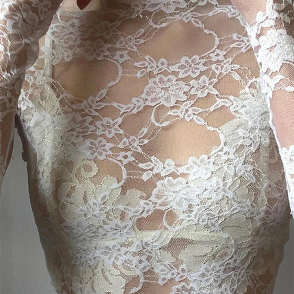 Women's Lace Floral T-shirt Long Sleeve Mock Neck Lace Slim Tee Tops Summer Sexy Retro See Through Crop Tops