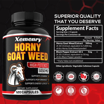 Men's Horny Goat Weed Capsules 5050 mg Formula Contains Black Pepper Extract