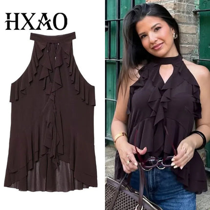 Y2K Top Women Summer Tank Crop Top Female Sleeveless Sexy Pleated Top Street Style Casual Korean Clothing Brown Cute Party Top