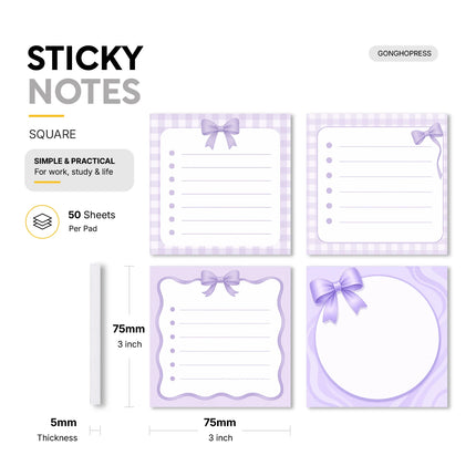 4Pcs Purple Bow Sticky Notes 3x3 Inch, 200 Sheets Cute Checklist Self Stick Memo Pads, Lined Square Notepad with Removable