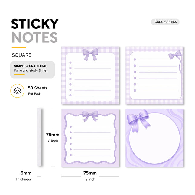 4 Pcs Purple Bow Sticky Notes 3x3 Inch, 200 Sheets Cute Checklist Self-Stick Memo Pads, Lined Square Notepads with Removable