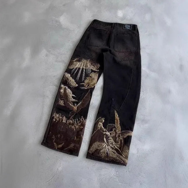 Mens Jeans Harajuku Y2K Streetwear Heavy Angel Embroidery Patchwork Washed Denim Pants Straight Leg Loose Fit Vintage New Spring