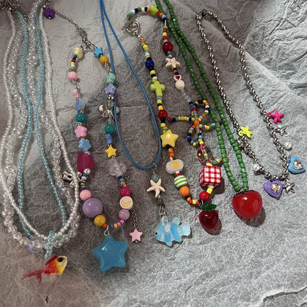 Boho Kpop Colorful Sugar Star Tassel Pendant Choker Necklace for Women Sweet Love Heart Chain Aesthetic Y2K Jewelry Accessories