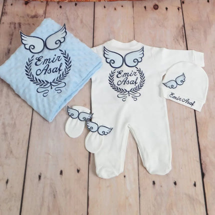 Dollbling Hospital Exit 5pcs Embroidery Name Newborn Angle Wings Romper Blanket  Nursery Bedding Swaddle Handmade Infant Outfit