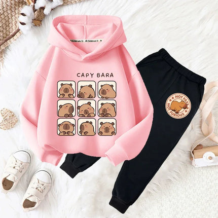 Capybara drink bubble tea fun print girls fashion set kids fall and winter casual comfortable warm hoodie + pants two-piece set