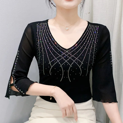 2025 Spring Summer Mesh Tops Korean Fashion Diamond T Shirt Slim 3/4 Sleeve Hollow Out Casual Women Shirt