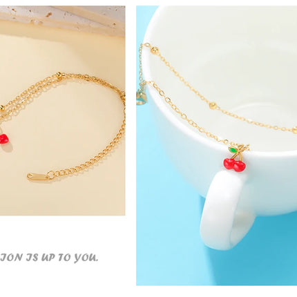 Teamer Enamel Cherry Charm Bracelet For Woman Gold Color Stainless Steel Double Bead Chain Fashion Birthday Friend Jewelry Gift