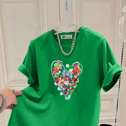 Summer Fashion Hand-Painted Polka Dot Printing T-shirts Women Pure Cotton O-neck Short Sleeve Top Tees Casual Loose Pullover