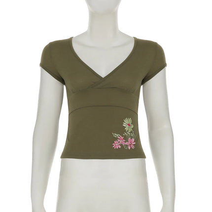 SUCHCUTE Retro Green Floral Embroidery V Neck Cap Sleeve Tops Y2k Women's Slim T-shirt Chic Streetwear Slim Top Summer Clothes