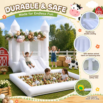 Oxford 12FT Inflatable White bounce house With Slide Connected to Ball Pit, Easy Setup White Slide Bouncy Castle for Kids Indoor Outdoor Parties and Birthday
