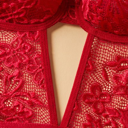 Women Red Lace Spaghetti Strap Bodysuit One Piece Sleepwear