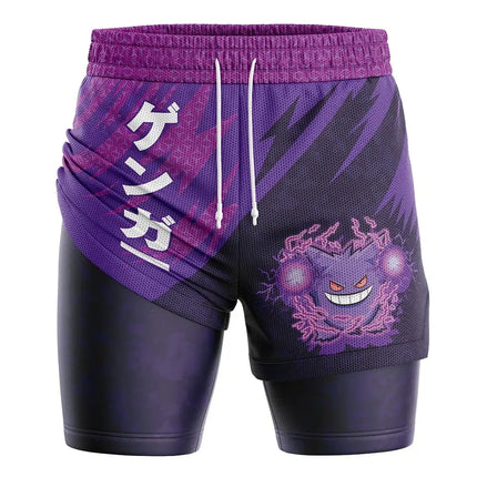 Bandai Gengar Attack Pocket Monster Anime Unisex Double Layer 2-in-1 Performance Gym Shorts Summer Quick-dry Soft Lightweight