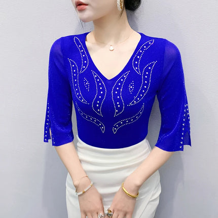 2025 Spring Summer Mesh Tops Korean Fashion Diamond T Shirt Slim 3/4 Sleeve Hollow Out Casual Women Shirt